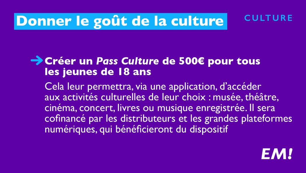 Créer un pass culture de 500 euros pour les jeunes de 18 ans